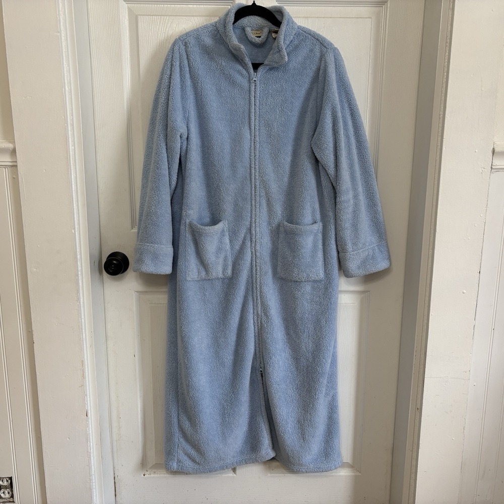 LL Bean House Coat Robe Petite Large Baby Blue Fleece Full Zip Sleepwear Pockets